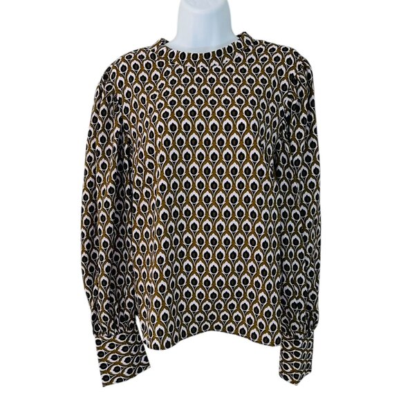 Maison d'Amelie Women's Size L Print High Neck Green Black Crepe Blouse - Picture 1 of 6
